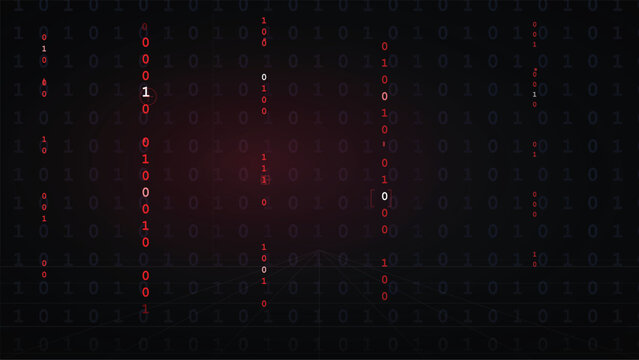 Cybersecurity binary code background, digital data stream with red warning highlights, abstract technology vector for network security and hacking