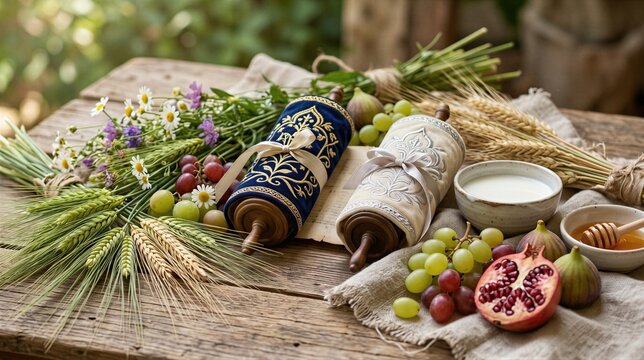 Torah scrolls decorated with fabric covers next to wheat, fruit, and flowers on wooden table. Traditional symbols for Shavuot holiday celebration. Jewish religious festive concept.