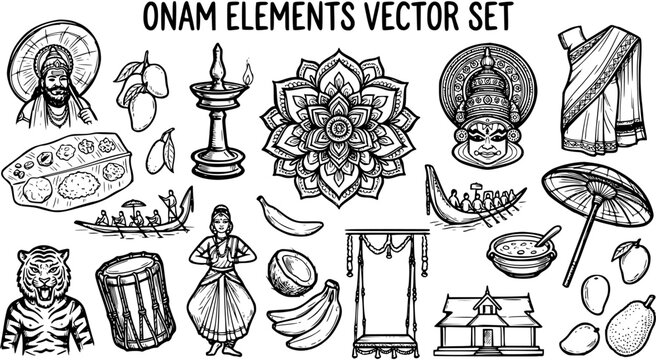 Onam Festival Elements Vector Set: Hand-Drawn Black and White Line Art Icons of Kerala Culture, Traditional Symbols, and Celebration Objects.
