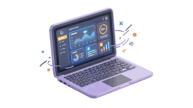 Vector illustration of 3d laptop computer with data analytics dashboard screen on a transparent background