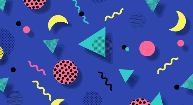 retro memphis pattern background with geometric shapes and vibrant colors