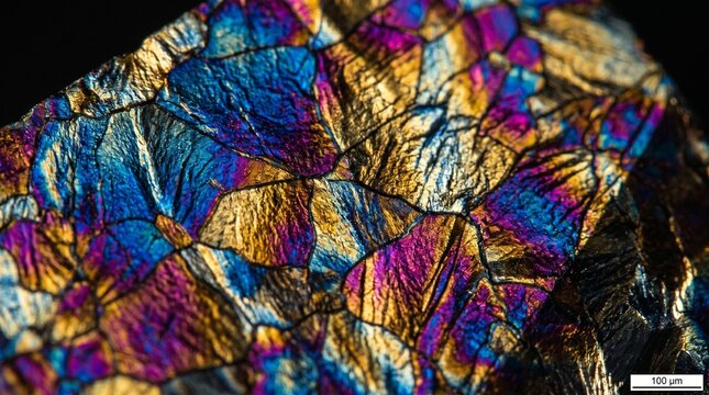 Metallographic close-up of titanium alloy crystalline grain structure.