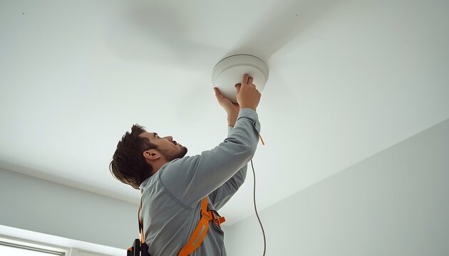Professional technician installing a wireless access point on a white ceiling in a modern office building