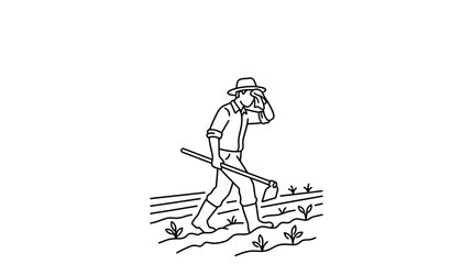 Obraz premium A weary farmer wiping sweat from his forehead while holding a hoe in a field.