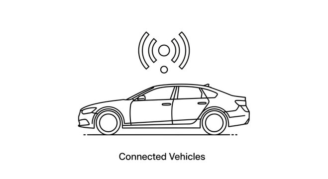Outline illustration of a connected vehicle with wireless signal icon.