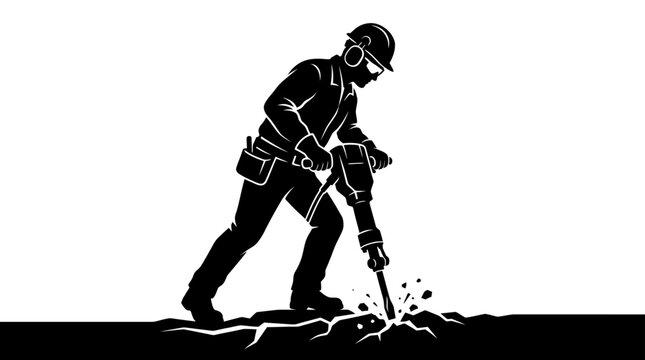 A silhouette illustration of a construction worker operating a heavy jackhammer on the ground.