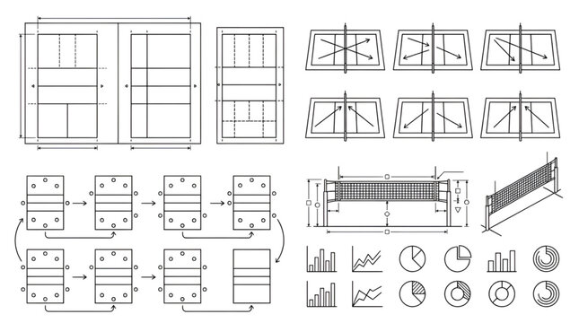 Volleyball court layouts net dimensions player rotations and data charts 