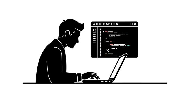 Silhouette of a male software developer coding on a laptop.