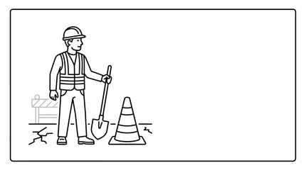 A construction worker standing with a shovel and a traffic cone. © Insyirah_Munawwar