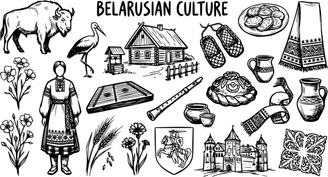 Belarusian Culture Hand-drawn Black  White Line Art Icons Set: Traditional Symbols, Folk Objects, Food, Architecture, and Heritage