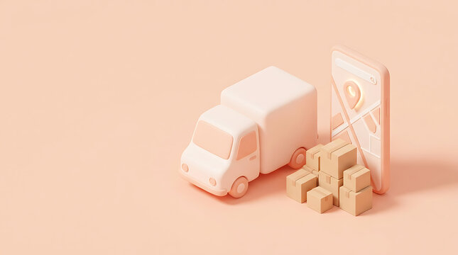 Digital delivery service 3D illustration of a truck, cardboard boxes, and smartphone with location pin
