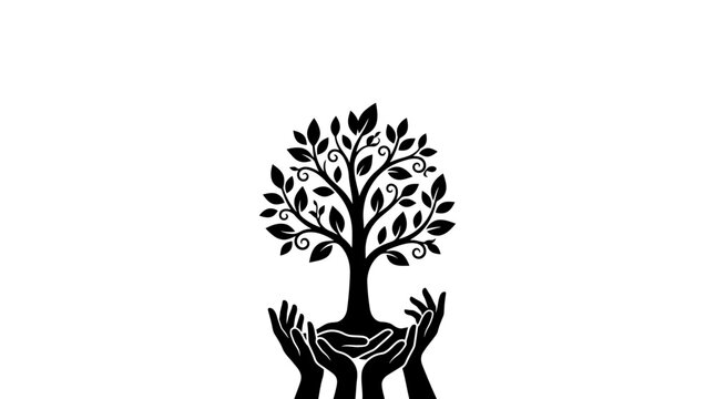 Black silhouette of hands cradling a stylized tree.