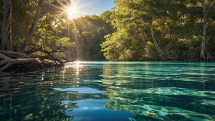 Obraz premium Serene river landscape reflecting sunlight through lush trees, creating a tranquil outdoor scene