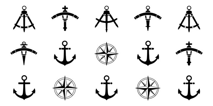 Compass and anchor set with nautical symbols and navigation tools featuring black, white, vector with icon and maritime elements for sailing, ship
