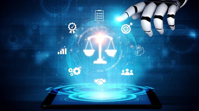 Futuristic digital law interface displaying justice scale, highlighting digital law, AI compliance, digital law systems, and digital law regulations for secure governance. Muxer