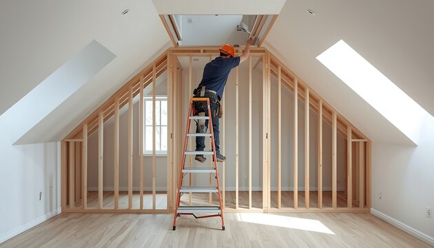 Construction worker installing a ceiling light fixture in an attic renovation project