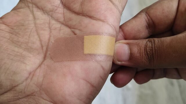 Putting waterproof adhesive bandage or band aid dressing on small or minor cut injury on hand palm to protect and cover wound from bacteria or dirt. Closeup top view.