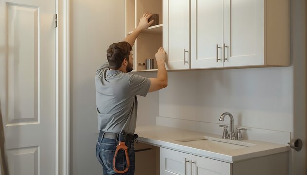 Professional handyman installing white kitchen cabinets in a modern home interior