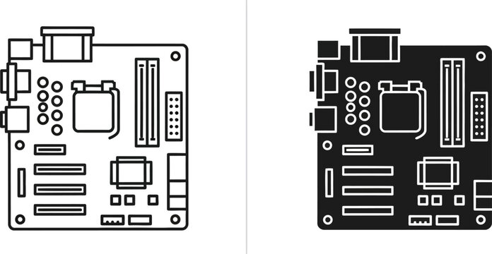 Computer motherboard circuit board illustration in white and black flat design style