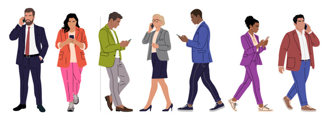Fototapeta na wymiar Modern diverse business people using smartphones, talking and texting on mobile devices. Stylish casual office characters set in hand drawn flat vector illustration style.