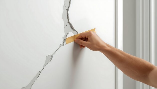 Hand applying masking tape over a large crack in a white wall