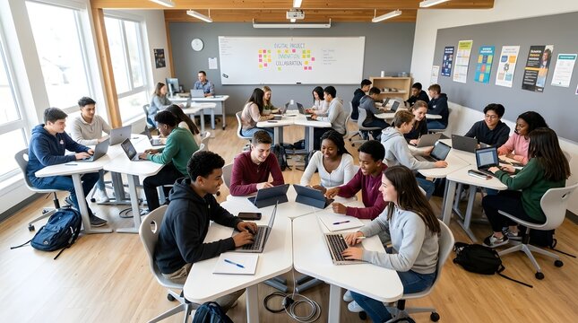 Diverse group of students collaborating on laptops in modern classroom