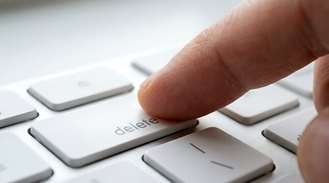 Finger pressing the delete key on a white keyboard, concept of removing or deleting information