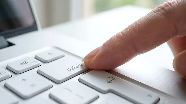 Close-up of a human finger pressing the delete key on a laptop keyboard