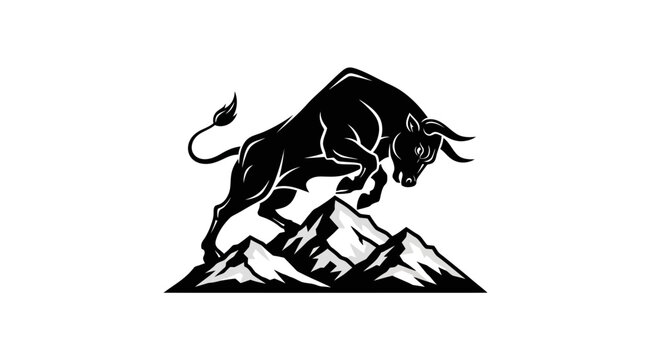 Black Bull on Mountains Vector Illustration