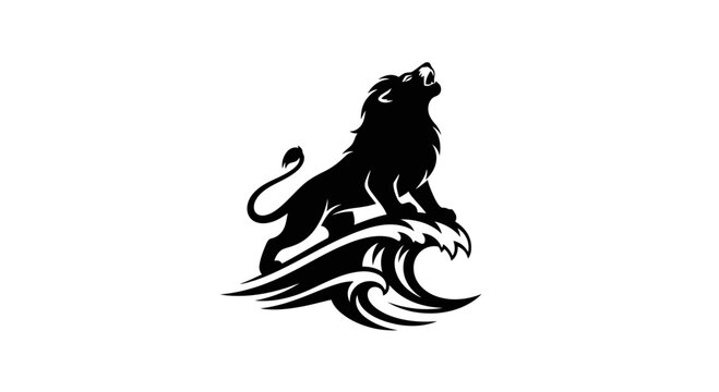 Lion roaring on wave. Black wildlife icon.