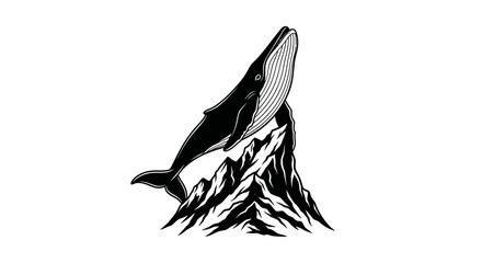 Fototapeta premium Whale breaching above mountain peak - stylized monochrome vector