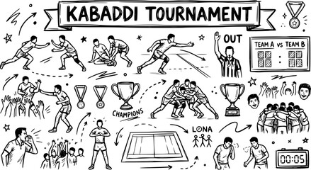 Black and White Line Art of Kabaddi Tournament Elements - Players, Trophies, Scoreboard, Referee © sari