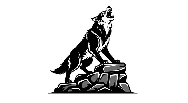 Vector wolf howling on rocky cliff, wildlife illustration