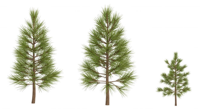 Three isolated pine trees of varying sizes with green needles and brown trunks, set against a solid black background, for easy compositing