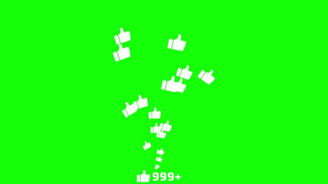 Thumbs up icons drift upward in a vertical stream towards a counter indicating nine hundred ninety plus interactions against a chroma key green background for social media performance analytics.