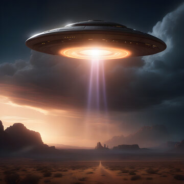 Classic flying saucer UFO emitting a bright light cone over a desert landscape at twilight
