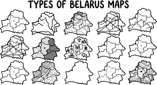 Hand-Drawn Black and White Line Art: Collection of Various Types of Belarus Maps for Geography, Education, and Cartography Resources