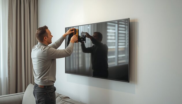 Man installing a large flat screen television on a wall in a modern living room