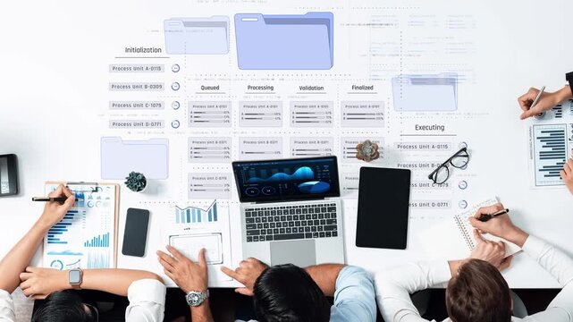 A modern workspace featuring a collaborative business meeting with laptops, tablets, notes, and data analysis tools, emphasizing teamwork and project management. Raster