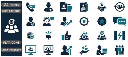 Fototapeta premium Human Resources and Business Management Icons Set Featuring Recruitment Teamwork Employee Performance Leadership Training Career Development Workplace Communication and Organizational Growth Symbols
