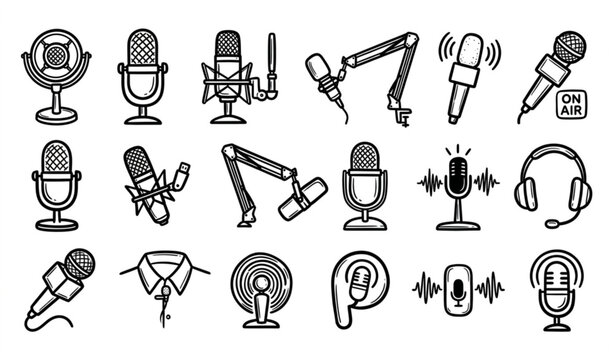 Microphone collection doodle style icons for audio recording and broadcasting