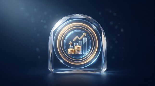A 3D graphic of a glass award with a gold and blue chart icon on a dark background with a shallow depth of field and cinematic lighting conveying a professional mood.