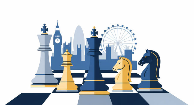 Chess game concept with city silhouette background