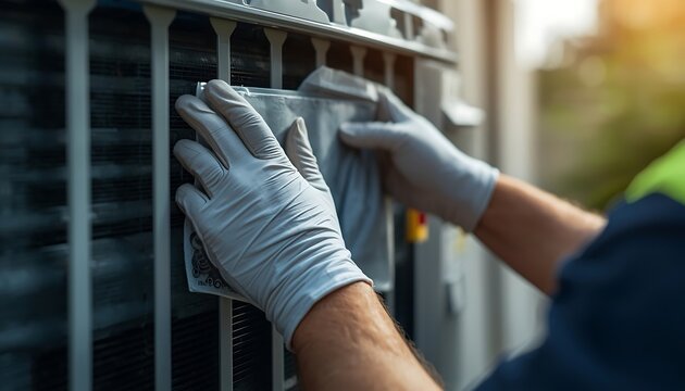 Closeup of a professional technician wearing protective gloves cleaning the outdoor air conditioning unit condenser