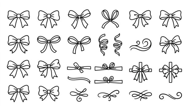Variety of hand drawn bow and ribbon line art illustrations