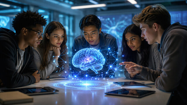 Students learning artificial intelligence and neural networks