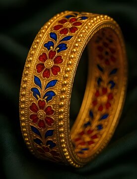 Royal gold Kada bangle with intricate blue and red enamel work. - 1