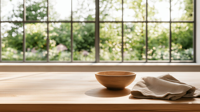 Modern minimalist dining table with an empty wooden bowl, sunlit window background with copy space
