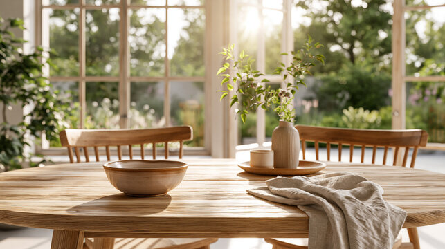 Modern minimalist dining table with an empty wooden bowl, sunlit window background with copy space