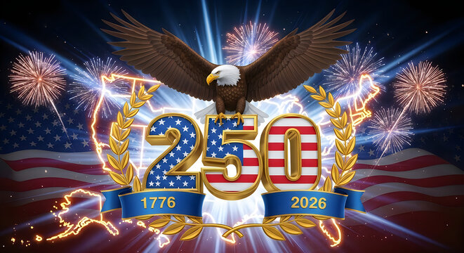 Patriotic American Eagle Soaring with Fireworks Over USA 250th Anniversary Celebration